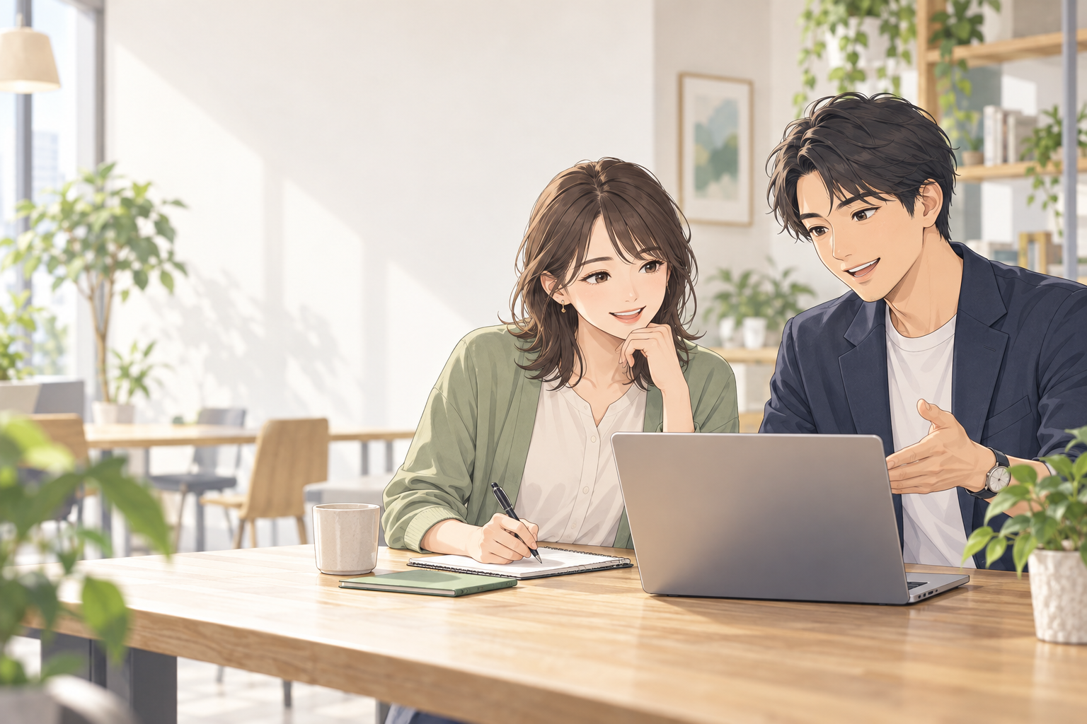 講師と受講者がノートパソコンを見ながら個人レッスンを進めるイラスト